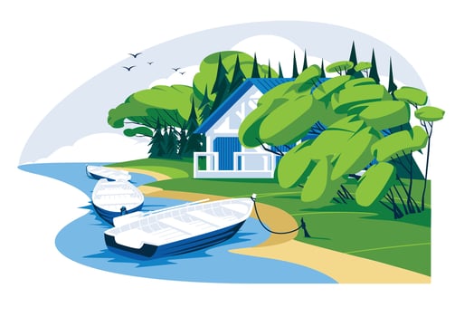 wooden holiday house near a river or lake with boats. Rest, relax, tourism, fishing concept. Vector flat illustration landscape