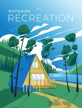 a wooden holiday house on the bank of a river or lake. Coniferous forest. blue sky Recreational tourism and nature trips. Vector illustration