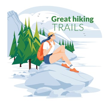 Hiking sports poster. Mountain landscape. Breathtaking view. The girl sits on a rock near the river and looks at the mountains. flat vector illustration