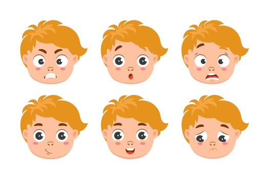 Set of boy faces with different emotions. Icons, vector