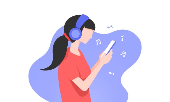 Girl standing and listening to music on a smartphone. Vector illustration.