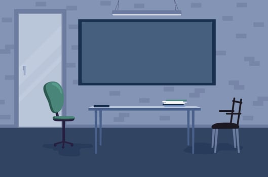 The empty interrogation room in police office. Crime investigation. Dark room. Prison. vector