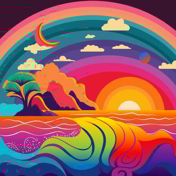 Beach with rainbow and palm tree art. Nature view in psychedelic art vector illustration. Colorful background. Vector eps 10.