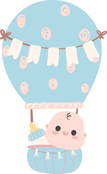 Baby shower boy, newborn baby in hot air balloon png