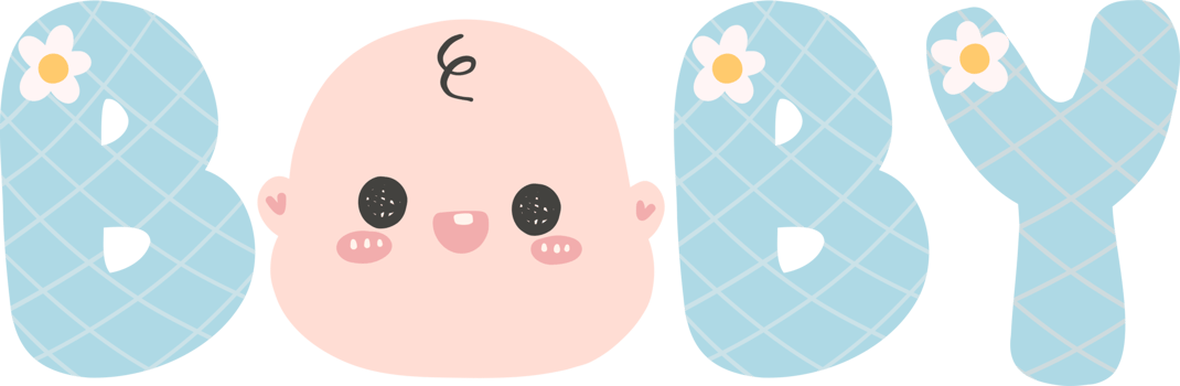 Baby shower boy, blue baby word with newborn face png
