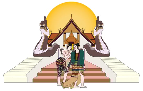 Cartoon character Kachib Rak. Northern Thailand, Nan province. Thai style women and men, Wat Phumin vector
