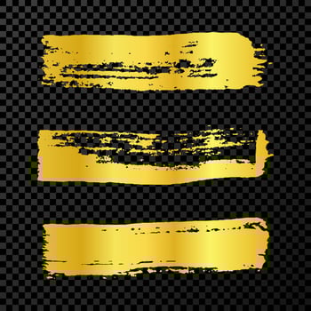 Gold grunge brush strokes. Set of three painted brush ink stripes. Ink spot isolated on dark background. Vector illustration