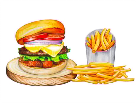 Fresh tasty burger with french fries. Watercolor vector