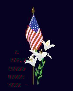 A small American flag, white lilies. Vector illustration.