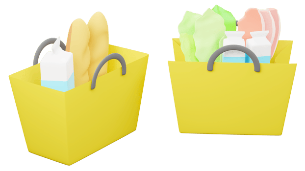 3D rendering of bread, milk, meat and vegetable in paper bag png