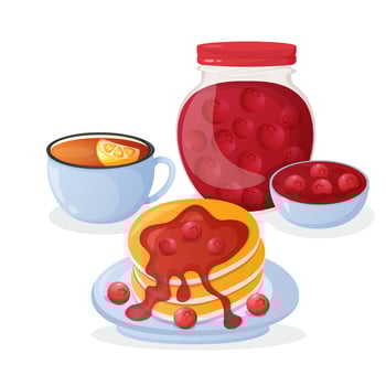 Sweet breakfast banner concept with pancakes , jam and tea vector
