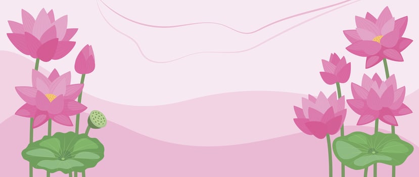 Tropical abstract background of hand drawn lotus flowers and leaves. Vector botanical illustration for banner, poster, Web and packaging.