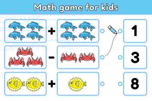 Educational kids game with cartoon ocean fishes and crabs. Solve a math question and choose correct number. Exercise for training addition skills. Counting worksheet for education children. Vector. vector