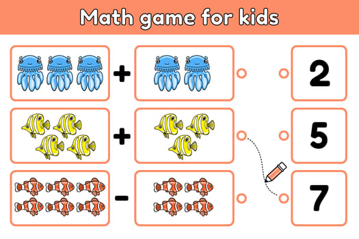 Educational kids game with cartoon sea fishes and jellyfishes. Solve a math example and choose correct number. Exercise for training addition skills. Counting worksheet for education children. Vector. vector