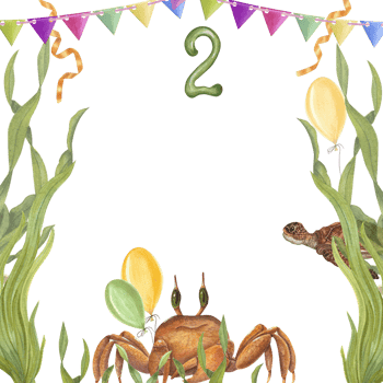 Watercolor cartoon card for children birthdays with crab, seaweed, tortoise, balloons. Hand painted illustration of marine fauna for greeting card, poster, postcard, invitation png