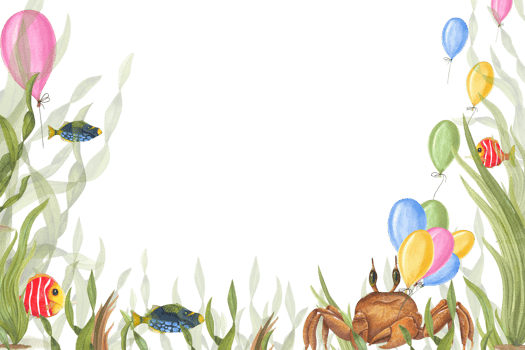 Watercolor card in marine style for children birthdays. Crab, fishes, algae, laminaria, colored balloons.Hand painted illustration for greeting card, poster, postcard, invitation png