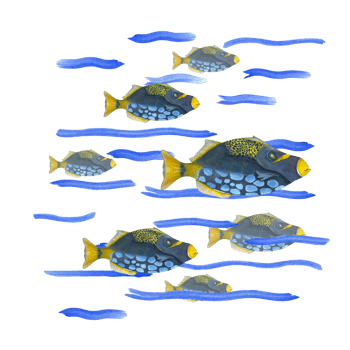 Watercolor illustration of colored cartoon fishes. For print, poster, banner, souvenirs, decor, wallpaper, fabric, textile, wrapping. png