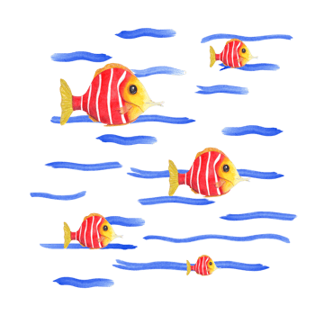 Watercolor illustration of colored cartoon fishes. For print, poster, banner, souvenirs, decor, wallpaper, fabric, textile, wrapping. png