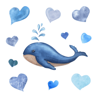Blue cartoon whale among the water in the form of different hearts. Watercolor illustration. For decorating children party, books, stationery png