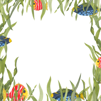 Watercolor card for childrens birthdays with colored fishes, algae. Cute cartoon fish, kelp, seaweed. Hand painted illustration for greeting card, poster, postcard, invitation png