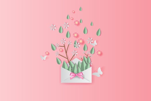 illustration of Spring leaf and flower decoration on placed text background, Paper cut and craft springtime style pastel color,Design by paper letters or envelope concept,Paper art style sweet,vector. vector