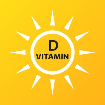 Vitamin D icon with simple sun on yellow background. Vector illustration of nutrition sign