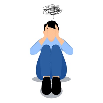 Depressed Man Sitting on The Floor with Tangled Thoughts. vector