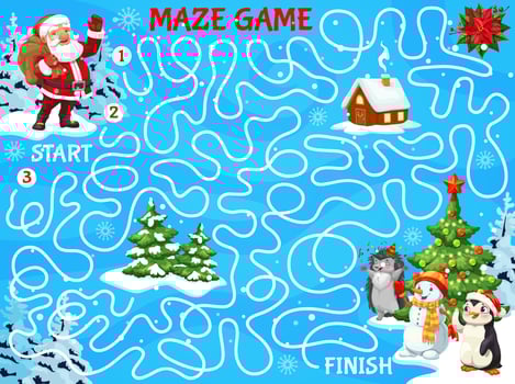 Christmas labyrinth maze, help Santa find animal vector