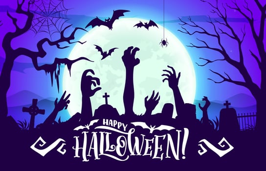 Halloween midnight moon cemetery with zombie hands vector