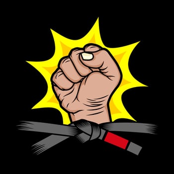 hand fist clenched with black belt, on black background. Design element for logo, poster, card, banner, emblem, t shirt. Vector illustration