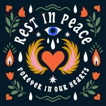 Rest in peace, memorial cards with floral borders, in loving memory and deepest sympathy condolences. Obituary and tombstone decorations with love, eyes, candle, heart, wing, leaves and rose flowers vector