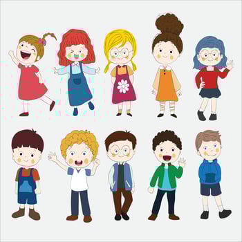 kids vector collection. woman and man standing. Flat vector illustration isolated on white background. Collection of smiling faces of boys and girls with hairstyles, and body styles.
