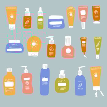 Skincare products in colorful bottles, tubes, jars vector flat illustration. Trendy hand drawing doodle style