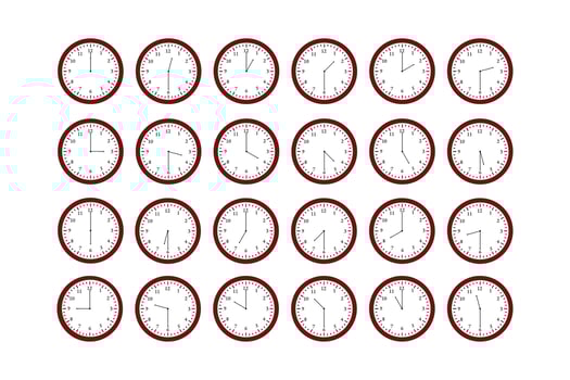 Set of round clocks showing different times of the day from one to twelve at a half hour intervals vector