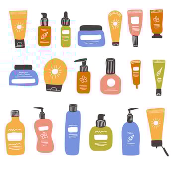 Skincare products in colorful bottles, tubes, jars vector flat illustration. Trendy hand drawing doodle style.