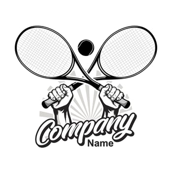 Tennis logo with hand holding rackets vector inspiration, Design element for logo, poster, card, banner, emblem, t shirt. Vector illustration