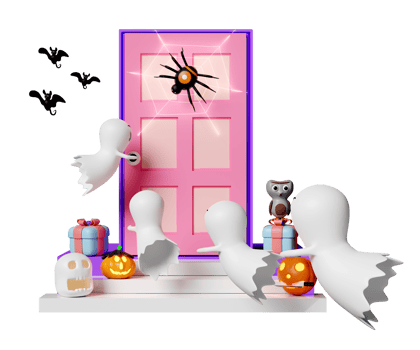 3d halloween holiday party with cute ghost, carved pumpkin, skull, gift box placed on the stairs, spider and spider web on door, bats, cute owl isolated. 3d render illustration png