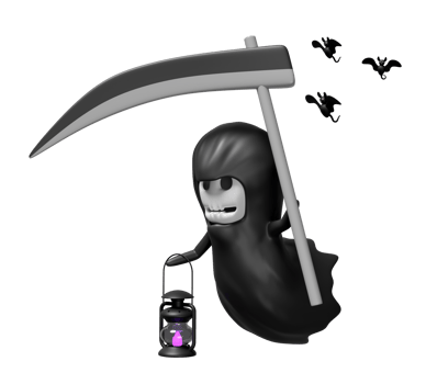 3d halloween holiday party with grim reaper hand holding scythe, storm lantern, bat isolated. 3d render illustration png