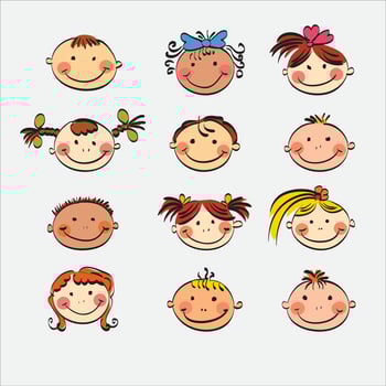Smiling children's faces with different hair and skin colors. vector head with child's face. Multiethnic children's collection. Isolated vector illustration.