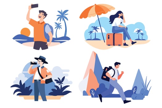 Hand Drawn Tourists relaxing by the sea on vacation in flat style vector