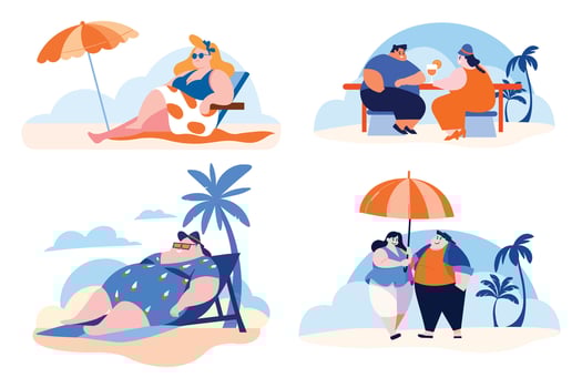 Hand Drawn overweight Tourists relaxing by the sea on vacation in flat style vector