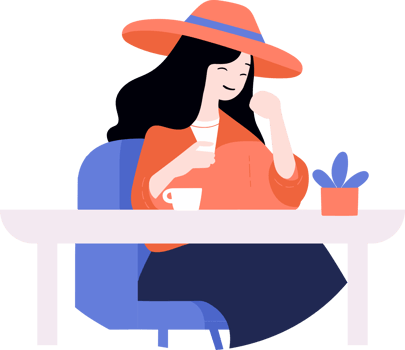 Hand Drawn Female office worker relaxing while drinking coffee in flat style png