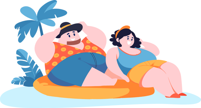 Hand Drawn overweight Tourists relaxing by the sea on vacation in flat style png