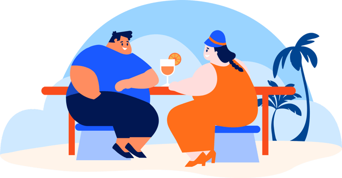 Hand Drawn Overweight couple having a drink at a bar by the sea in flat style png