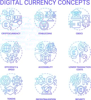 2D gradient icons set representing digital currency concepts, isolated vector, gradient thin line colorful illustration. vector
