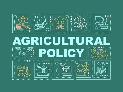 Agricultural policy word concepts dark green banner. Framing business. Infographics with editable icons on color background. Isolated typography. Vector illustration with text
