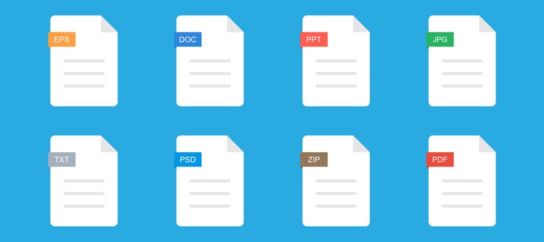 File type formats. Doc and PPT file pictograms. Isolated PDF and ZIP documents. TXT and JPEG extensions symbol. Set of document and media file formats. Vector illustration. EPS 10.