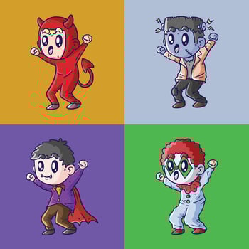 Cute kids in halloween costume Set. Funny and cute halloween carnival kids. Set of Cute Kids in cute halloween Vector illustration.