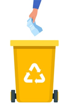 Hand throws Paper Package into the yellow Bin with recycling symbol for organic waste. Garbage sorting. Vector illustration for zero waste, environment protection concept.