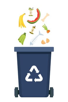 Garbage sorting set. Black Bin with recycling symbol for organic waste. Vector illustration for zero waste, environment protection concept.
